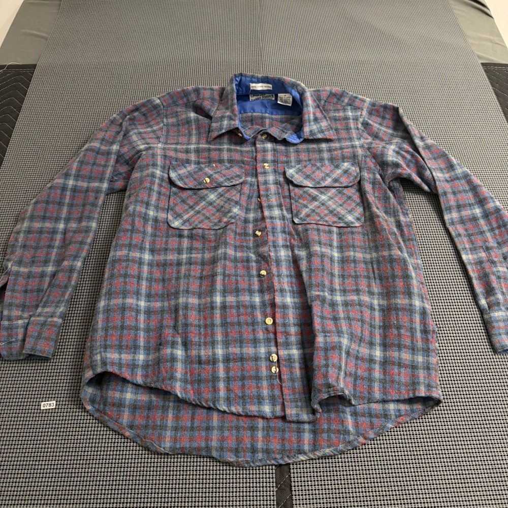 Vintage Sears Roebuck Men Blue Red‎ Plaid Wool Blend Flannel Shirt Medium